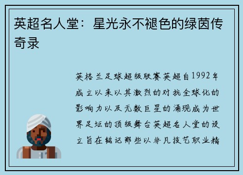 英超名人堂：星光永不褪色的绿茵传奇录